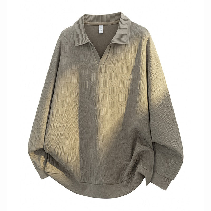 Herren Oversize Strick-Polo mit Strukturstrick, offenem V‑Ausschnitt und geripptem Kragen Drune