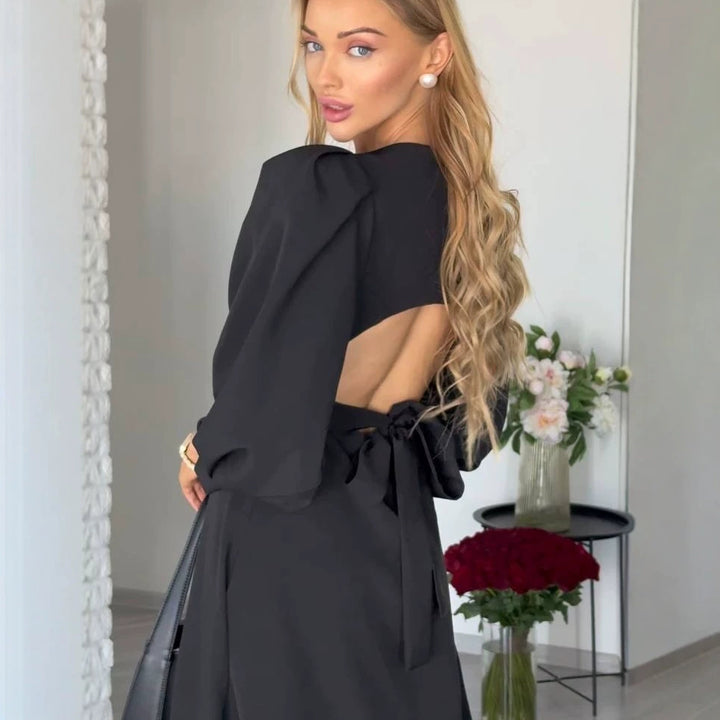 Damen Midikleid mit offenem Rückenausschnitt, voluminösen Puffärmeln und Bindegürtel Drune