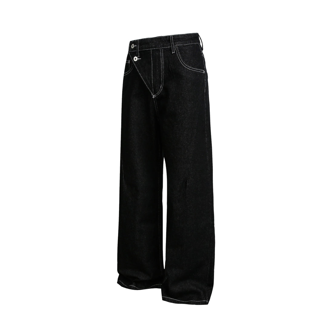Damen Weite High-Waist Jeanshose mit asymmetrischem Knopfverschluss und Kontrastnähten Drune
