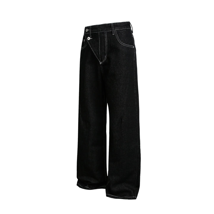 Damen Weite High-Waist Jeanshose mit asymmetrischem Knopfverschluss und Kontrastnähten Drune