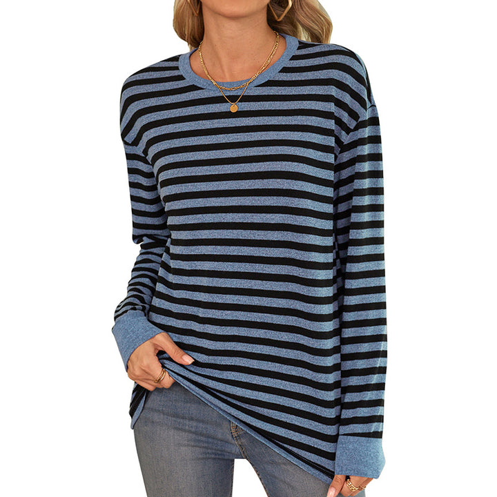 Damen bequemes Langarmshirt mit gestreiftem Design und Rundhalsausschnitt Drune