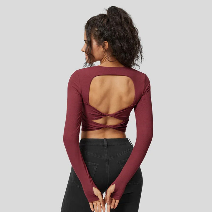 Damen figurbetontes Langarm-Crop-Top mit quadratischem Ausschnitt und feinem Rippmaterial Drune