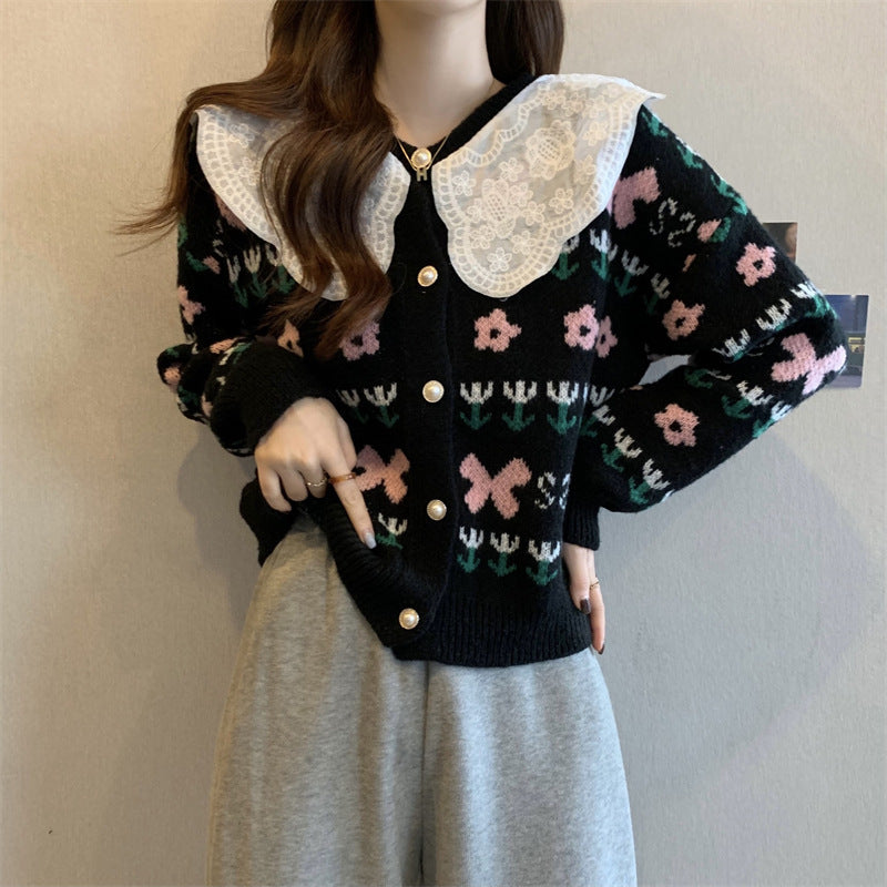 Damen modische Strickjacke mit Spitzenkragen und Floral-Design Drune