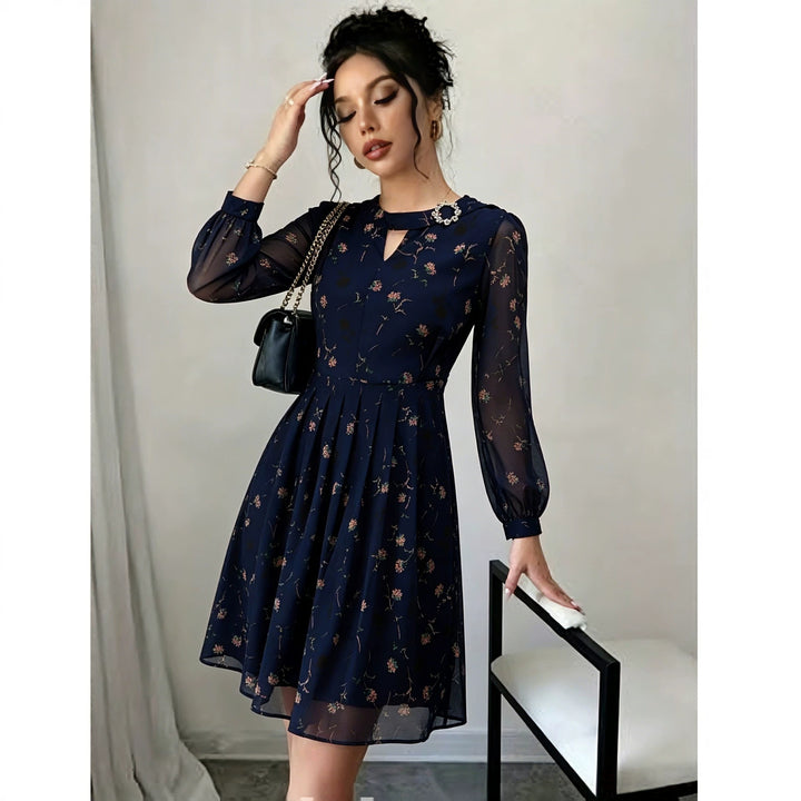 Damen Chiffon-Midikleid mit plissiertem Rock, transparenten Ärmeln und Zierbrosche Drune
