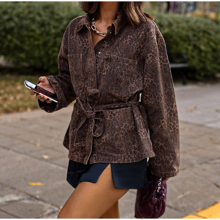 Damen modische Jeansjacke im Leoparden-Design mit Gürtel Drune