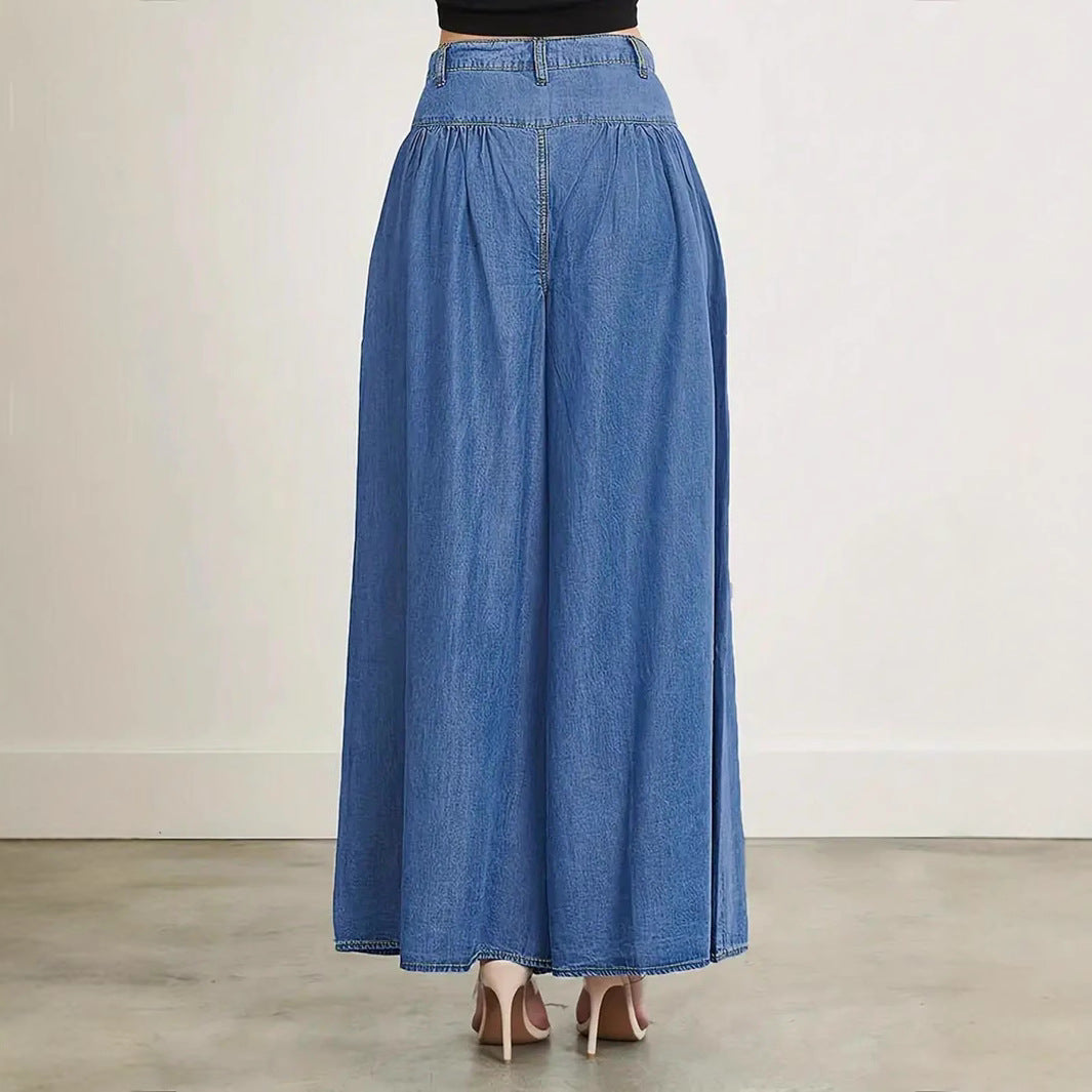 Damen Hochtaillierte Denim-Palazzohose mit geraffter Kellerfalte und extra weitem Bein Drune