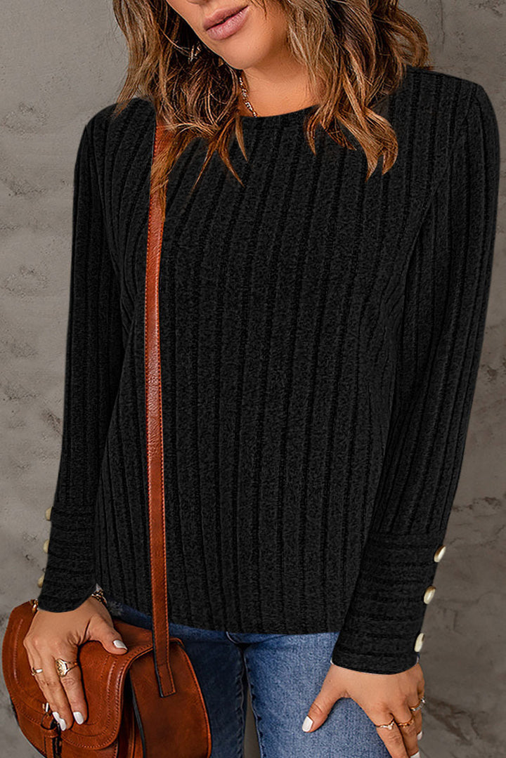 Damen Gerippter Feinstrick-Pullover mit Rundhals und Perlmuttknopf‑Manschetten Drune