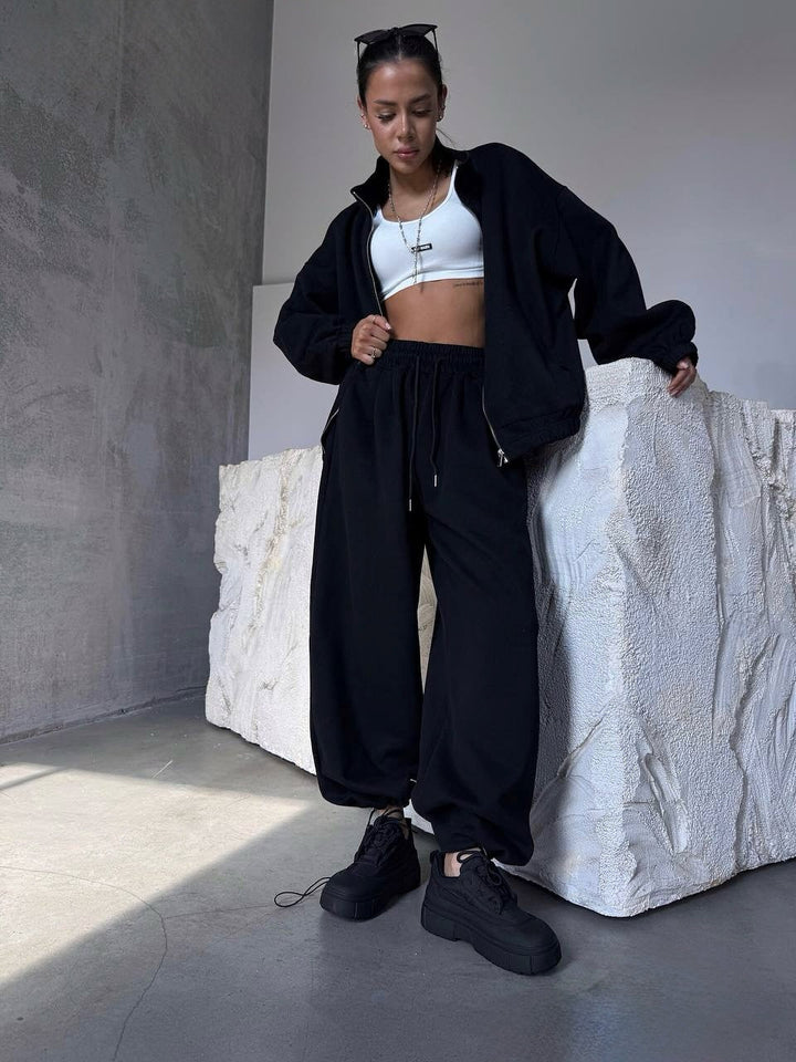 Damen lässiger Freizeitanzug mit oversized Jacke und weitem Bund Drune