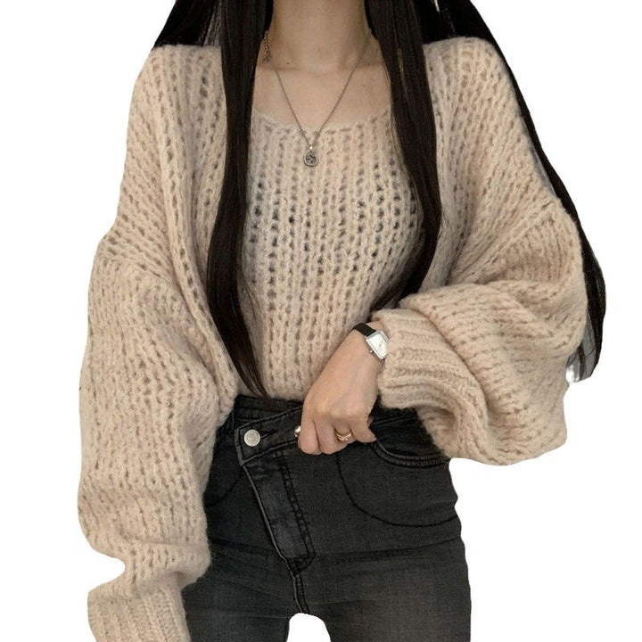 Damen lässiger Strickpullover mit voluminösen Puffärmeln und offener Strickstruktur Drune