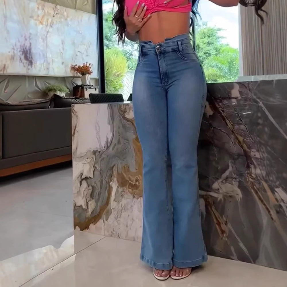 Damen Flared Jeans mit hoch tailliertem Schnitt und eleganten fransigen Säumen Drune