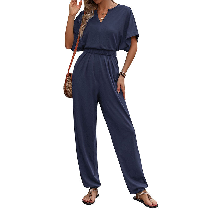Damen Lässiger Jumpsuit mit Taillen-Smock, kurzem Fledermausärmel und elastischem Knöchelabschluss Drune