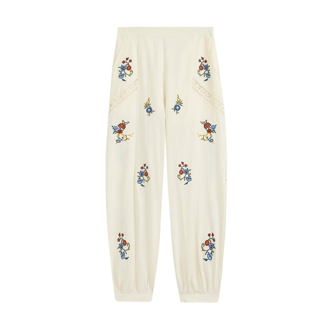 Damen Locker geschnittene Boho-Hose mit floraler Stickerei, Spitzeneinsätzen und elastischen Bündchen Drune