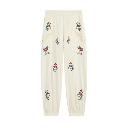 Damen Locker geschnittene Boho-Hose mit floraler Stickerei, Spitzeneinsätzen und elastischen Bündchen Drune