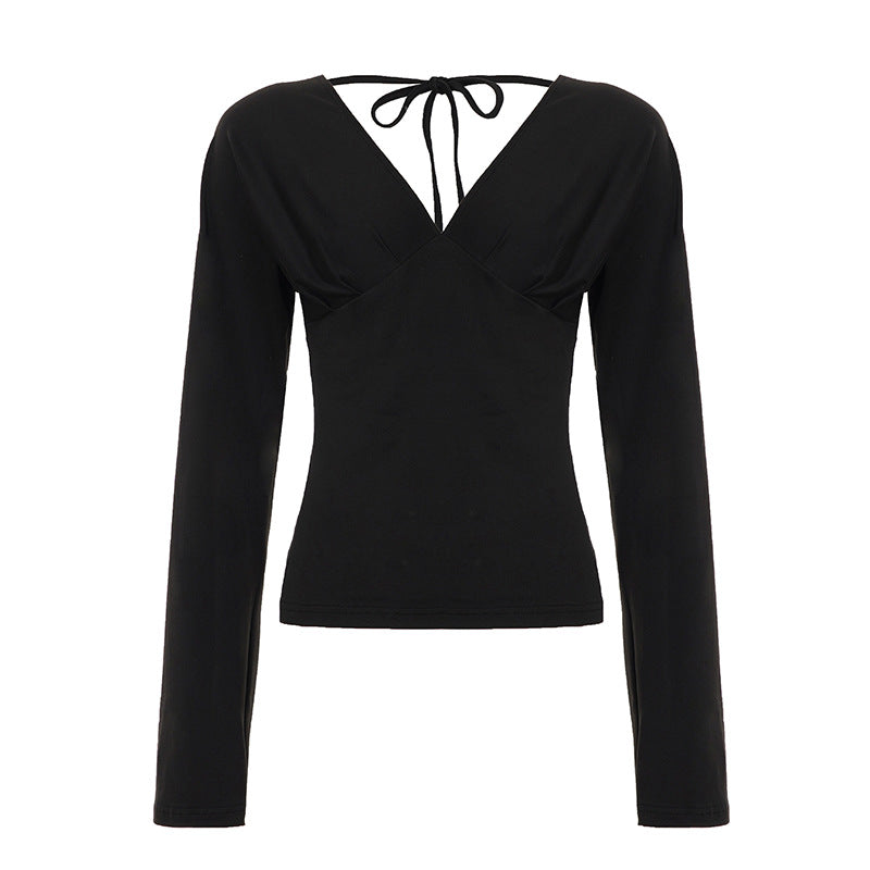 Damen nan figurbetontes Langarm-Top mit tiefem V-Ausschnitt, Nackenband zum Binden und taillierter Silhouette Drune