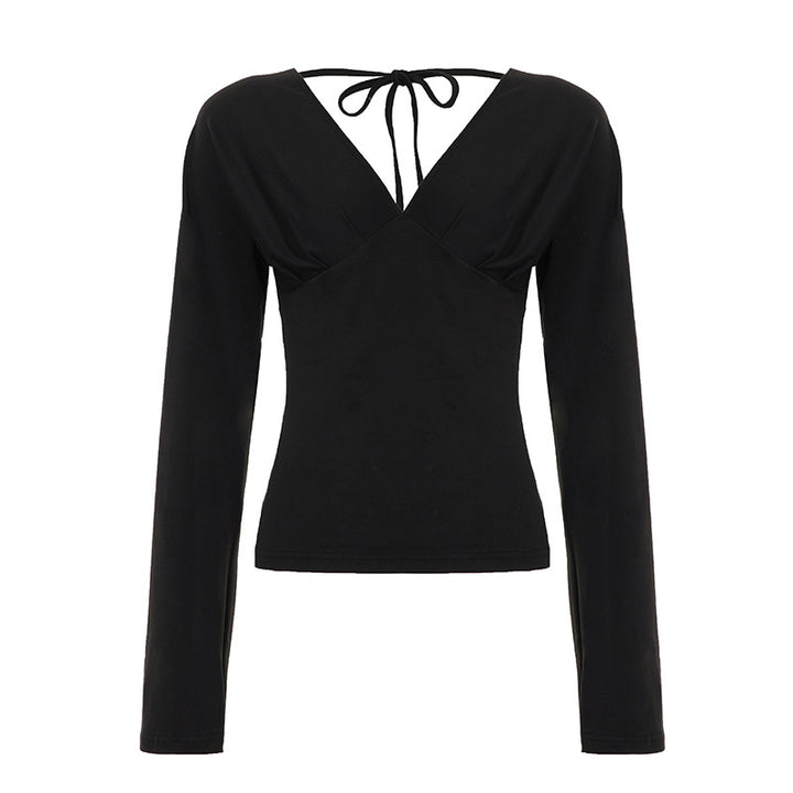Damen nan figurbetontes Langarm-Top mit tiefem V-Ausschnitt, Nackenband zum Binden und taillierter Silhouette Drune