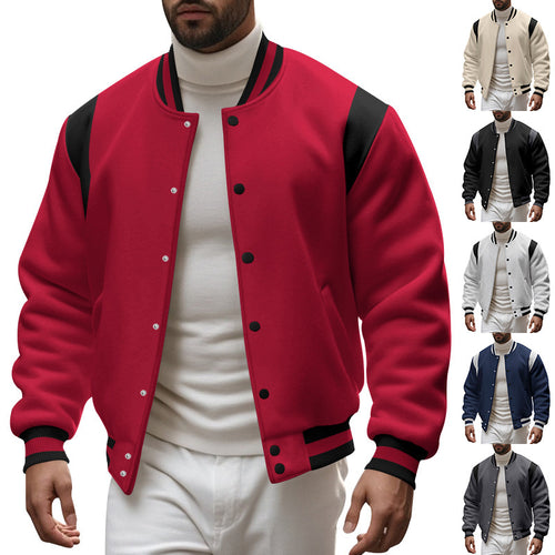 Herren nan College-Baseballjacke mit Druckknopfleiste, geripptem Kragen und kontrastierten Schulterpassen Drune