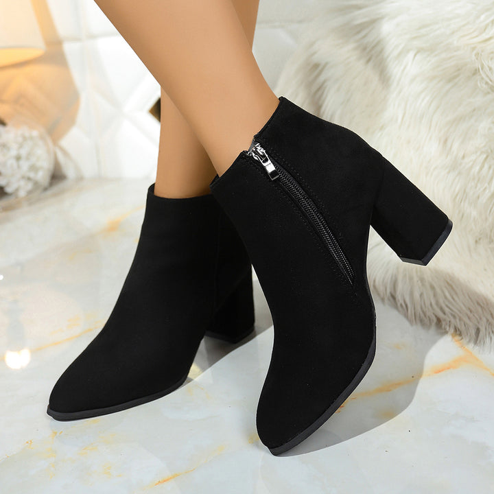 Damen Ankleboots mit Blockabsatz, spitzer Zehenpartie und seitlichem Reißverschluss Drune
