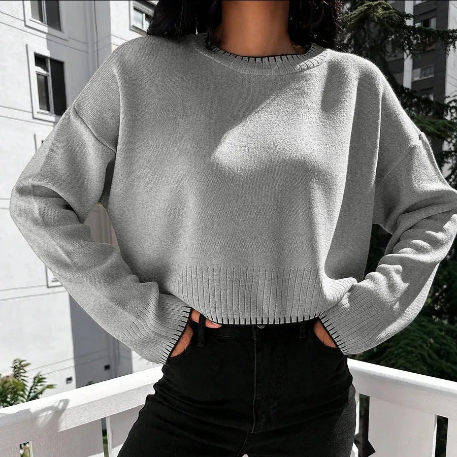 Damen lässiger Crop-Pullover mit feiner Rippstruktur und weitem Schnitt Drune