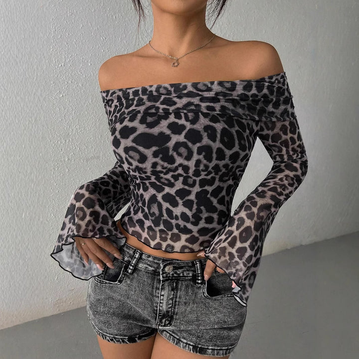 Damen Off-Shoulder Top mit Leopardenmuster Drune