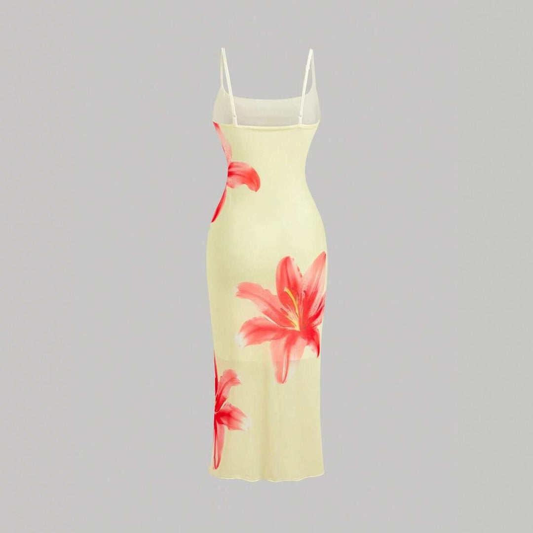 Damen sommerliches Blumenkleid mit feinen Spaghetti-Trägern und fließendem Schnitt Drune