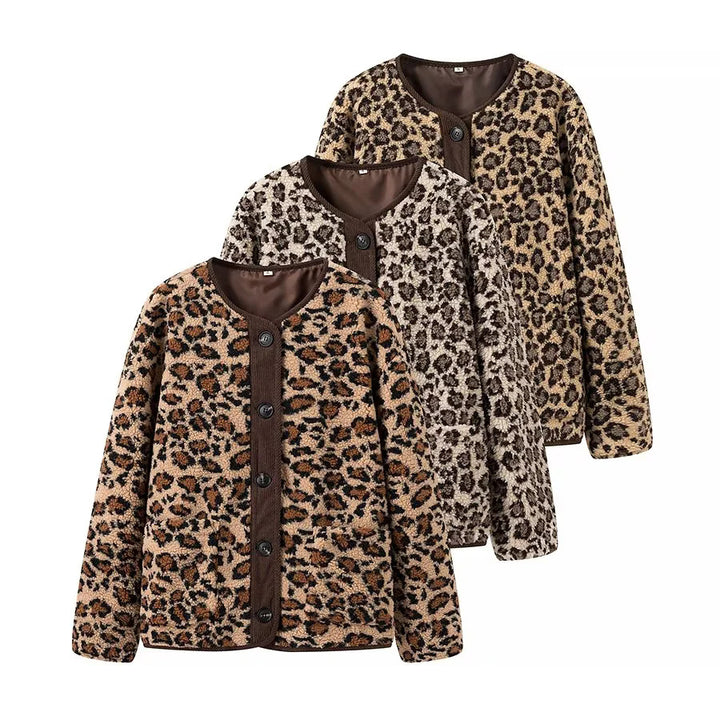 Damen nan Teddyjacke mit Leopardenmuster Knopfverschluss und Kordbesatz Drune