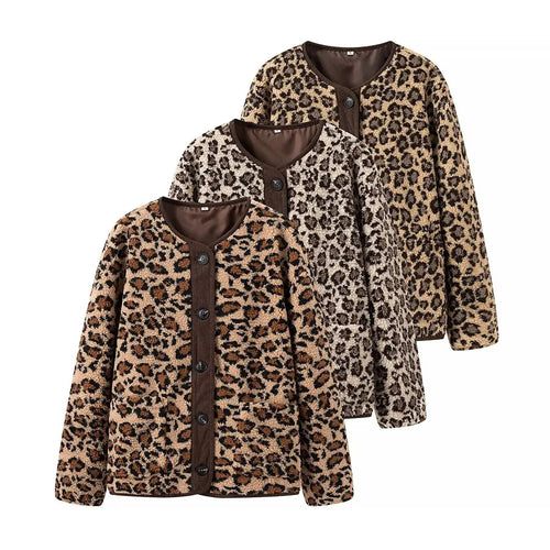 Damen nan Teddyjacke mit Leopardenmuster Knopfverschluss und Kordbesatz Drune