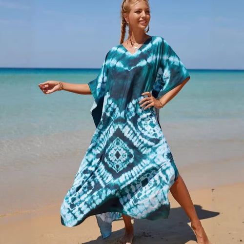 Damen Strandkleid mit buntem Batikdesign und weit geschnittenen Ärmeln Drune