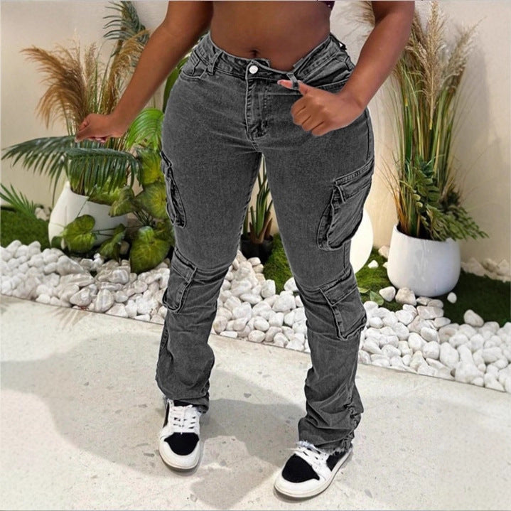 Damen Hochgeschnittene Cargo-Jeans mit mehreren Pattentaschen und ausgefranstem Saum Drune