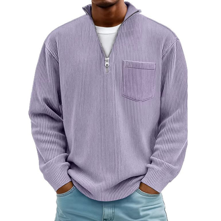 Herren Rippstrickpullover mit kurzem Reißverschluss und Brusttasche EB