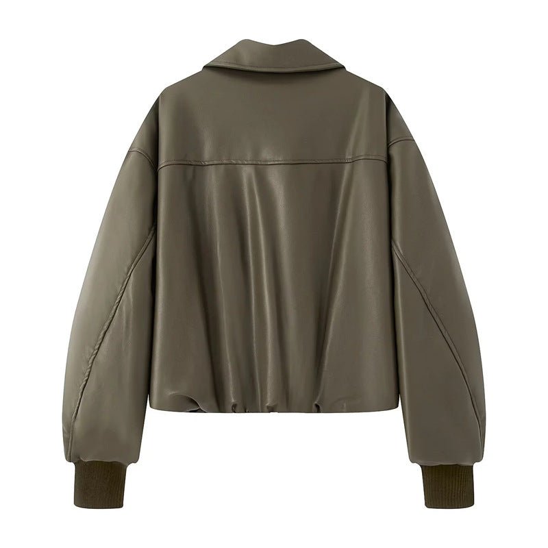 Damen nan gepolsterte Cropped Kunstleder-Bomberjacke mit Hemdkragen elastischem Saum und Rippbündchen Drune