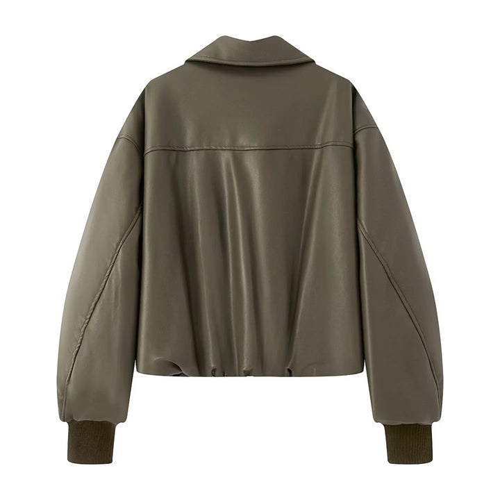 Damen nan gepolsterte Cropped Kunstleder-Bomberjacke mit Hemdkragen elastischem Saum und Rippbündchen Drune
