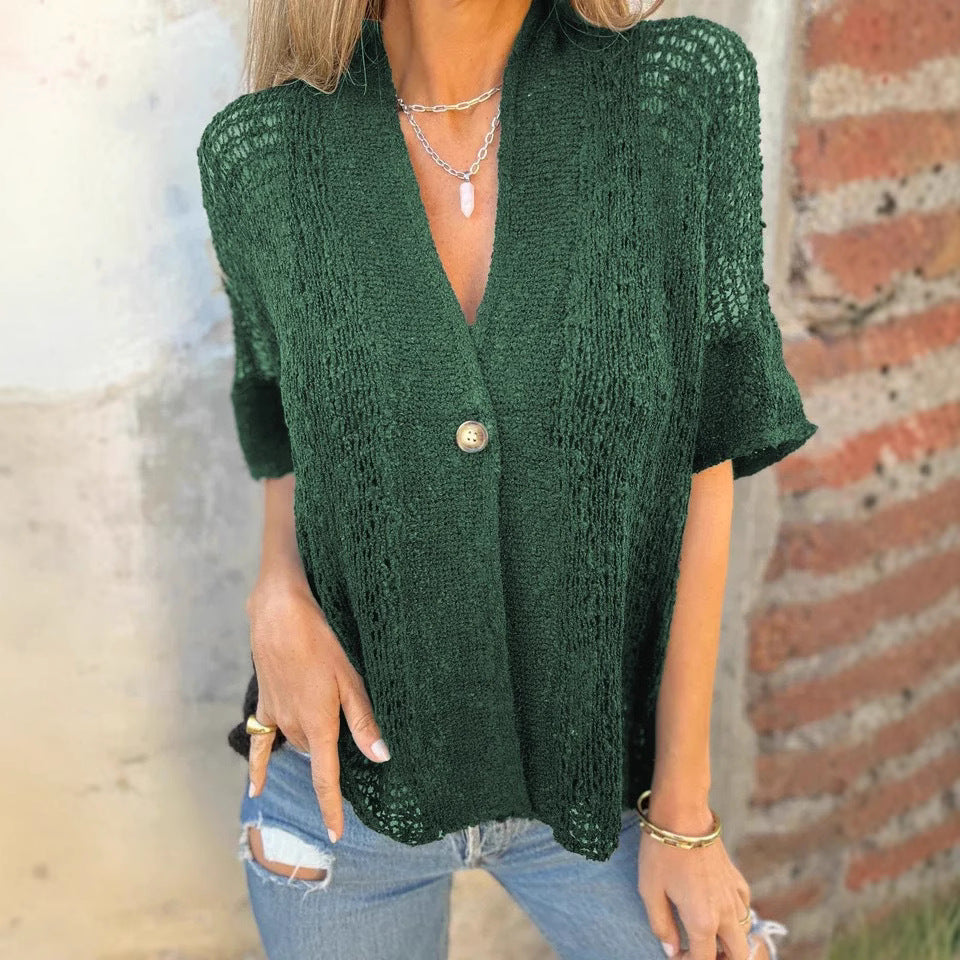 Damen Kurzarm Strickoberteil mit Knopfdetail und luftiger Struktur Drune