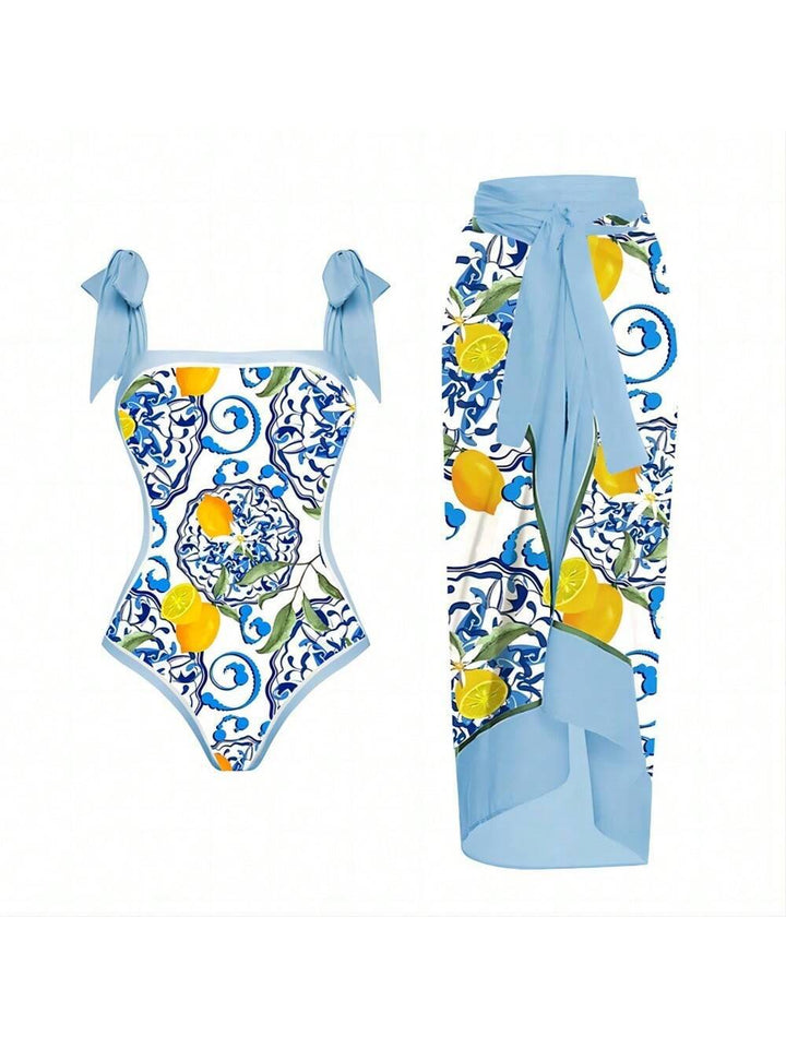 Damen Eleganter Badesuit mit floralen Akzenten und modischem Wickelrock Drune