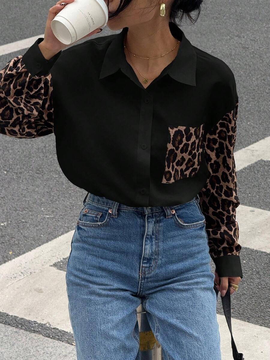 Drune | Leopard Print Knopf-abgesetzte Schulterjacke