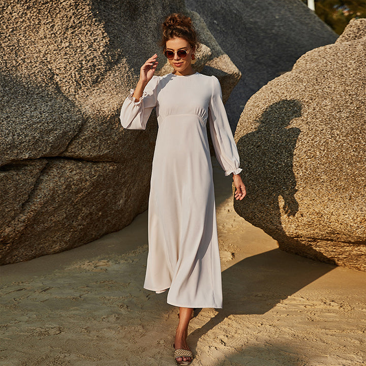 Damen Maxikleid mit eleganten Puffärmeln und hochgeschlossenem Ausschnitt Drune