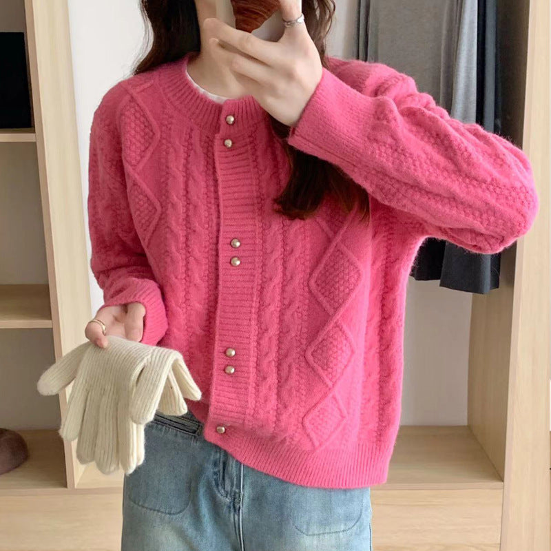 Damen Gemütlicher Strickjacke mit Perlknöpfen Drune