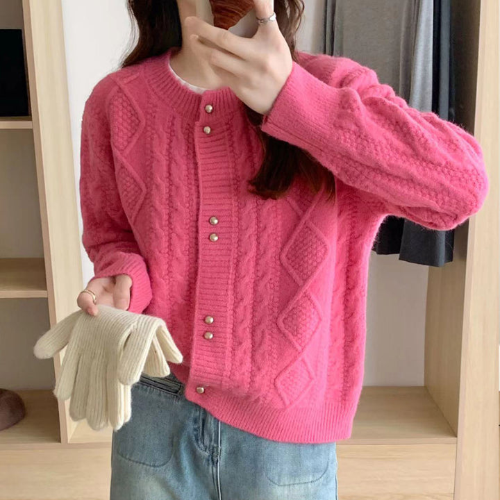 Damen Gemütlicher Strickjacke mit Perlknöpfen Drune