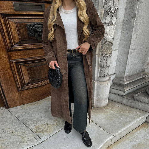 Damen Langer Wildledermantel mit eleganter Silhouette Drune