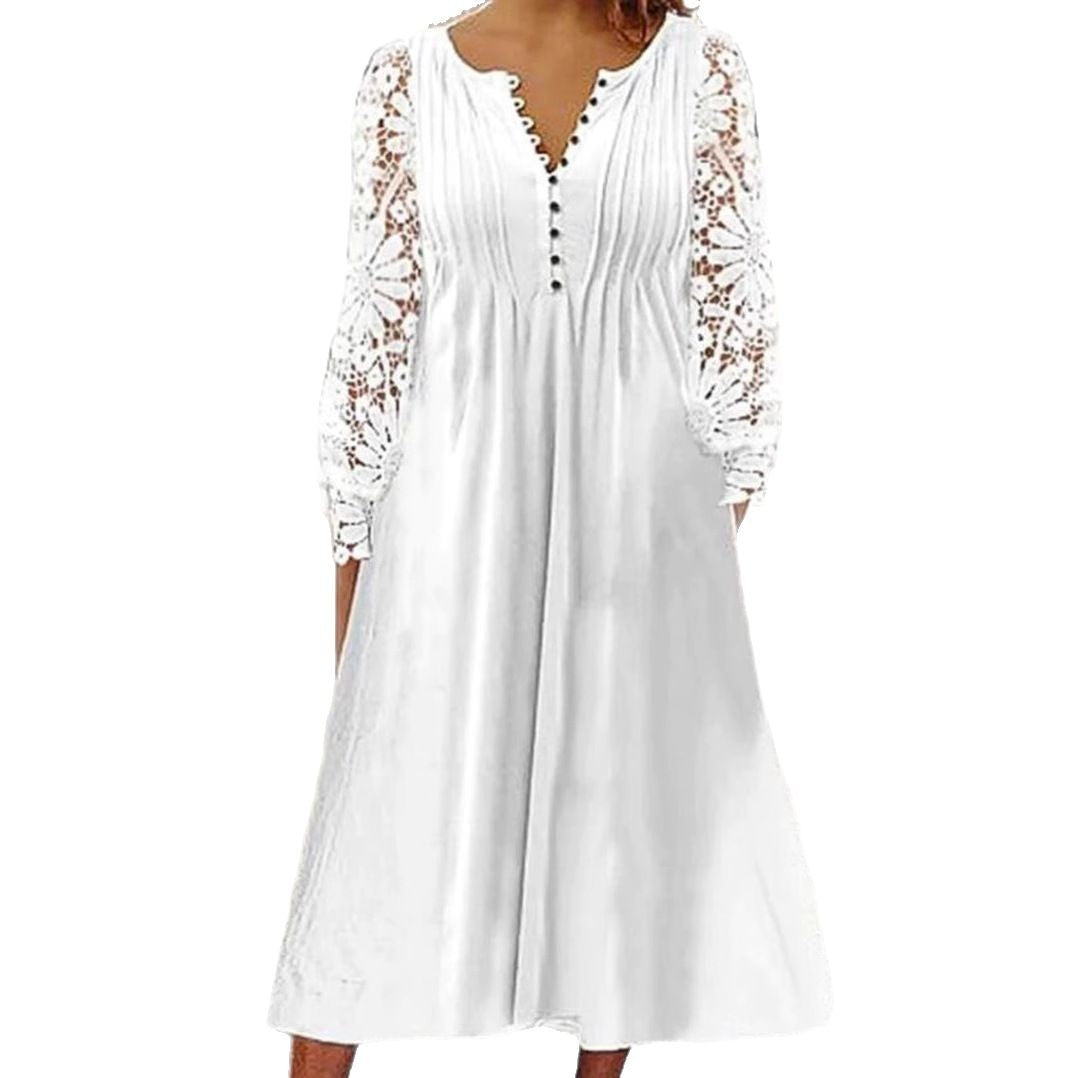Damen nan wadenlanges A-Linien-Sommerkleid mit gehäkelten Langärmeln, Biesenoberteil und Zierknopfleiste Drune