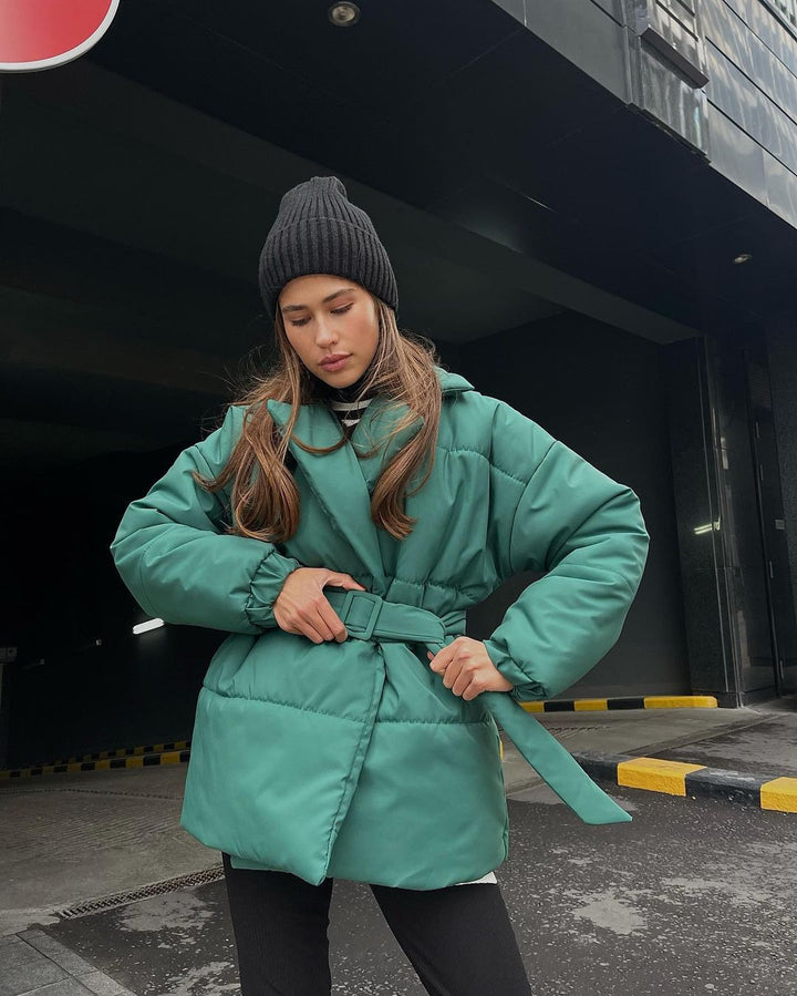 Damen Wattierte Taillierte Steppjacke mit Gürtel und Kapuze Drune