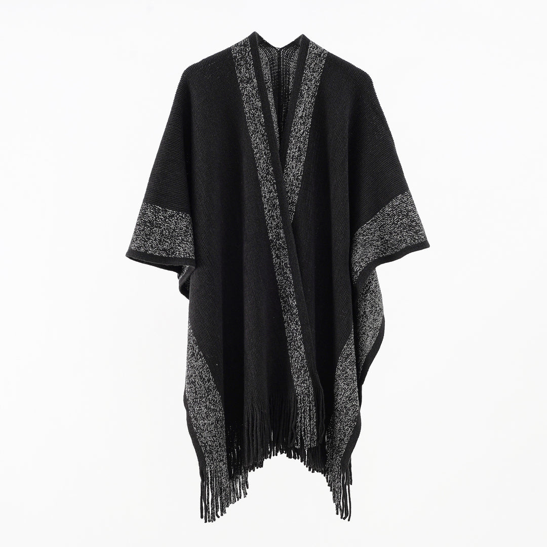 Damen Oversize-Strickcape mit Fransen und kontrastierter Bordüre Drune
