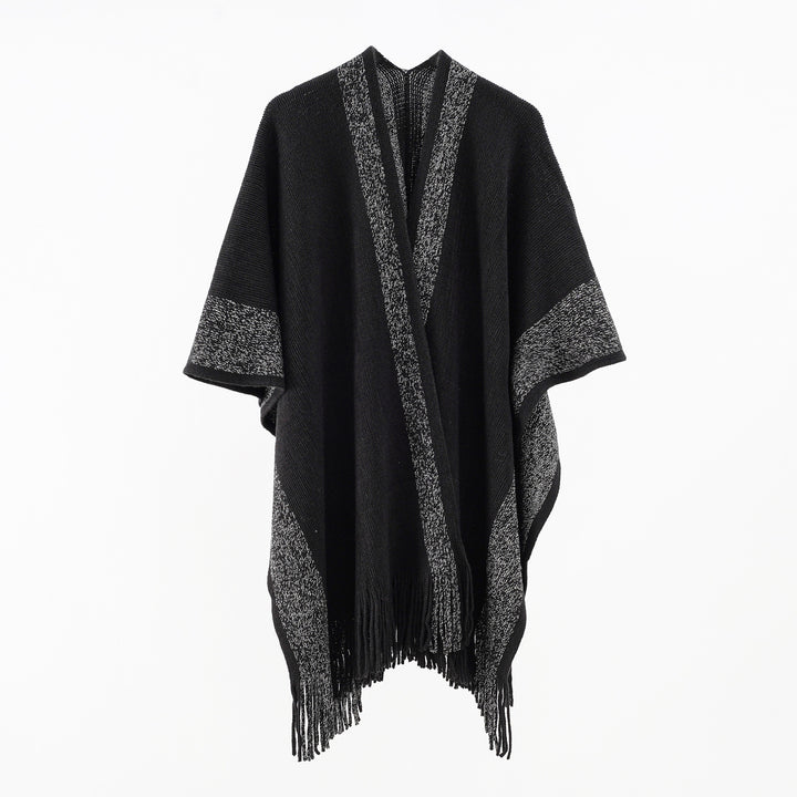 Damen Oversize-Strickcape mit Fransen und kontrastierter Bordüre Drune