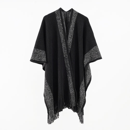 Damen Oversize-Strickcape mit Fransen und kontrastierter Bordüre Drune