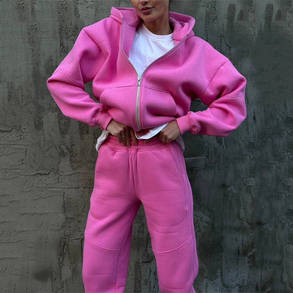 Damen kurzes Zip-Hoodie und hochtaillierte Komfort-Jogginghose-Set aus weichem Fleece Drune