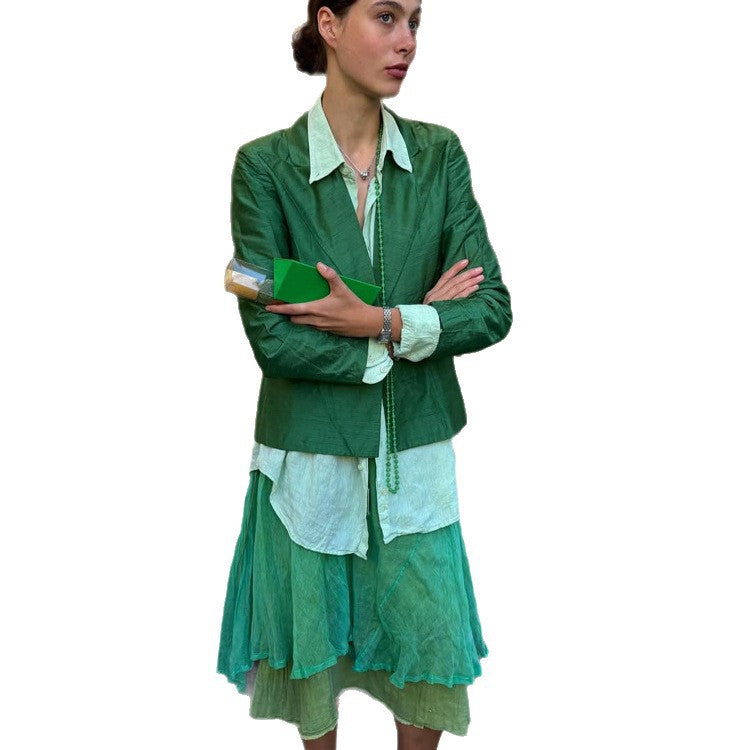 Damen Komplettoutfit Kurzblazer, Leinenbluse und mehrlagiger Midirock Drune