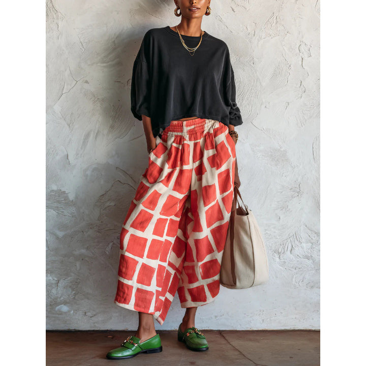 Damen Gemusterte Culotte-Palazzohose mit weitem Bein, elastischem Bund und Eingrifftaschen Drune