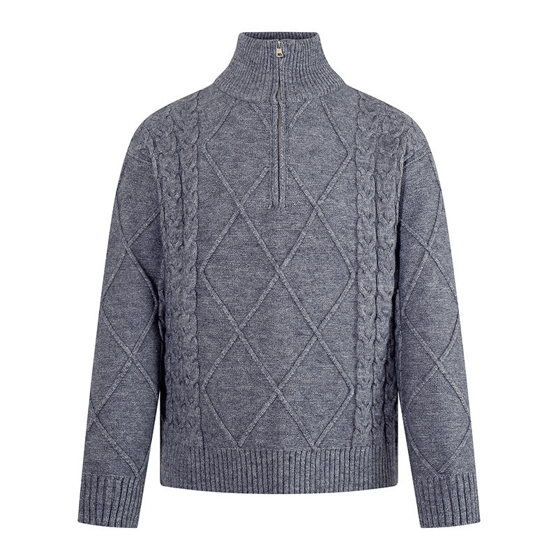 Herren Strickpullover mit Zopfmuster, halbem Reißverschluss und hohem Stehkragen Drune
