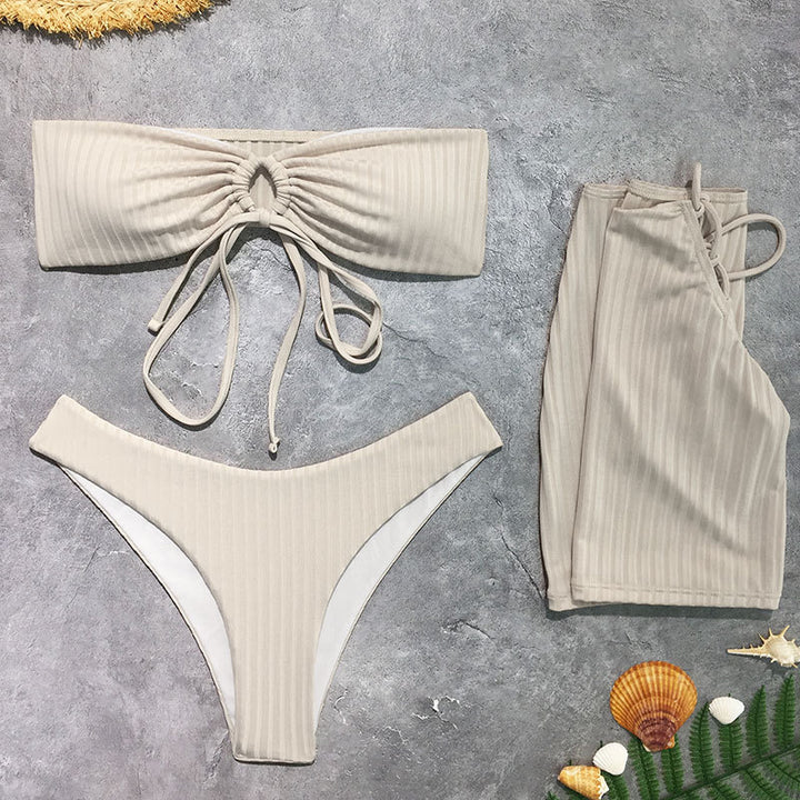 Damen Bikini-Set mit gerafftem Oberteil und hoch geschnittenen Hosen Drune