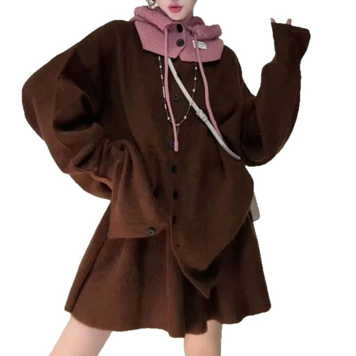 Damen Strickensemble mit kragenlosem Design und asymmetrischer Knopfdetail Drune