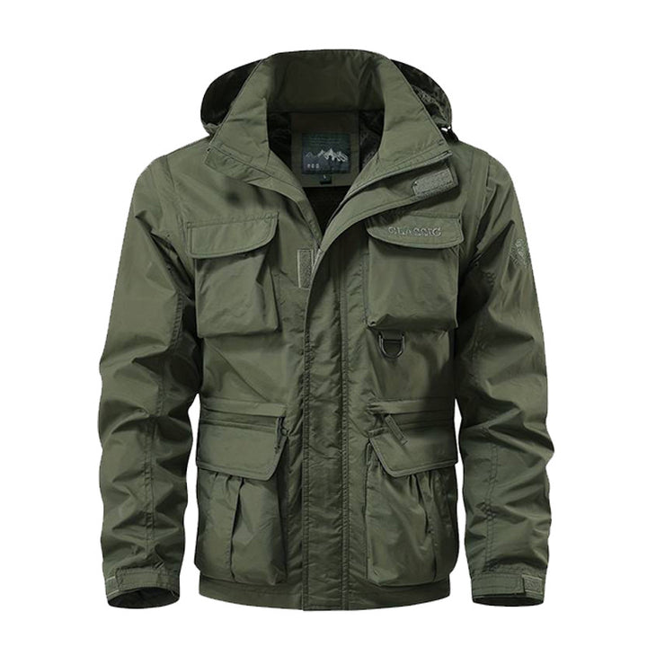Herren nan multifunktionale Fieldjacke mit Kapuze und verstärkten Mehrfachtaschen wasserabweisendem Obermaterial und verstellbarem Saum Drune